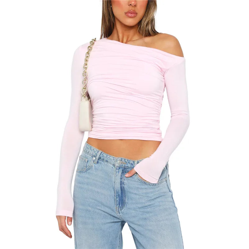 Cropped Tees Y2K Clothes for Women Solid Color O Neck Long Sleeve T Shirt 2000S Crop Tops Casual Streetwear